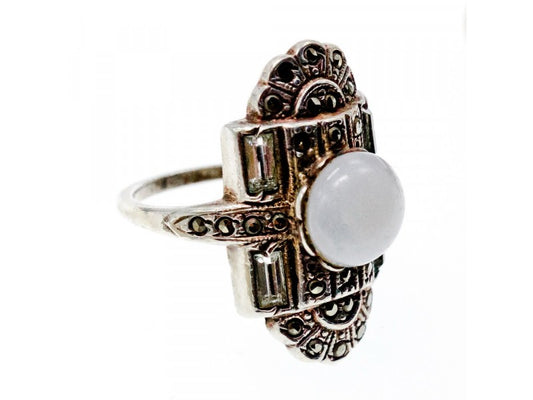 Vintage 925 Sterling Silver Agate, Goshenite & Marcasites Ring Size 5.5