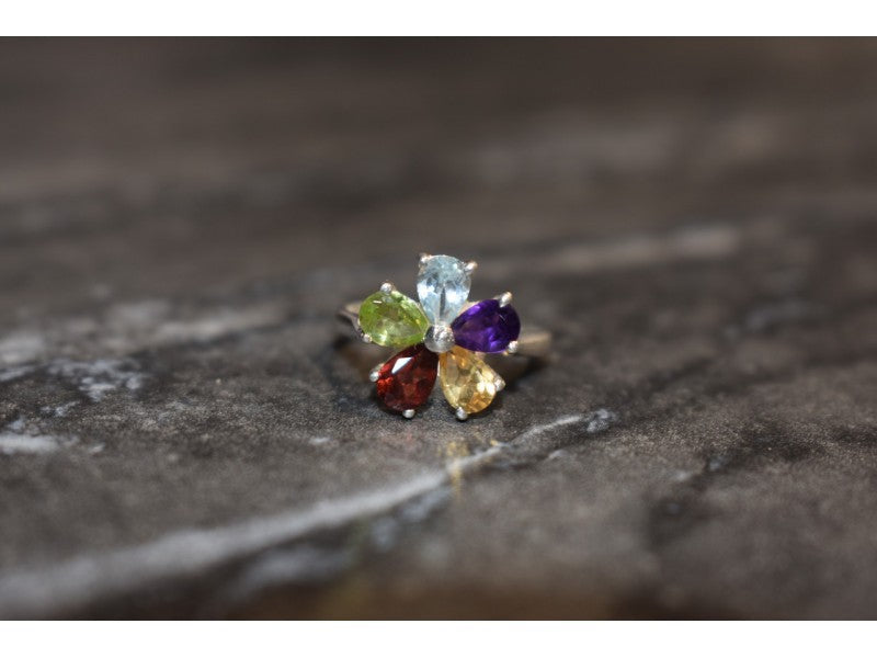 925 Sterling Silver Multi Gemstones "Flower" Ring Size 6.5