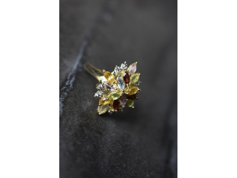 925 Sterling Silver Gold Plated Multi Gemstones Ring Size 6.5
