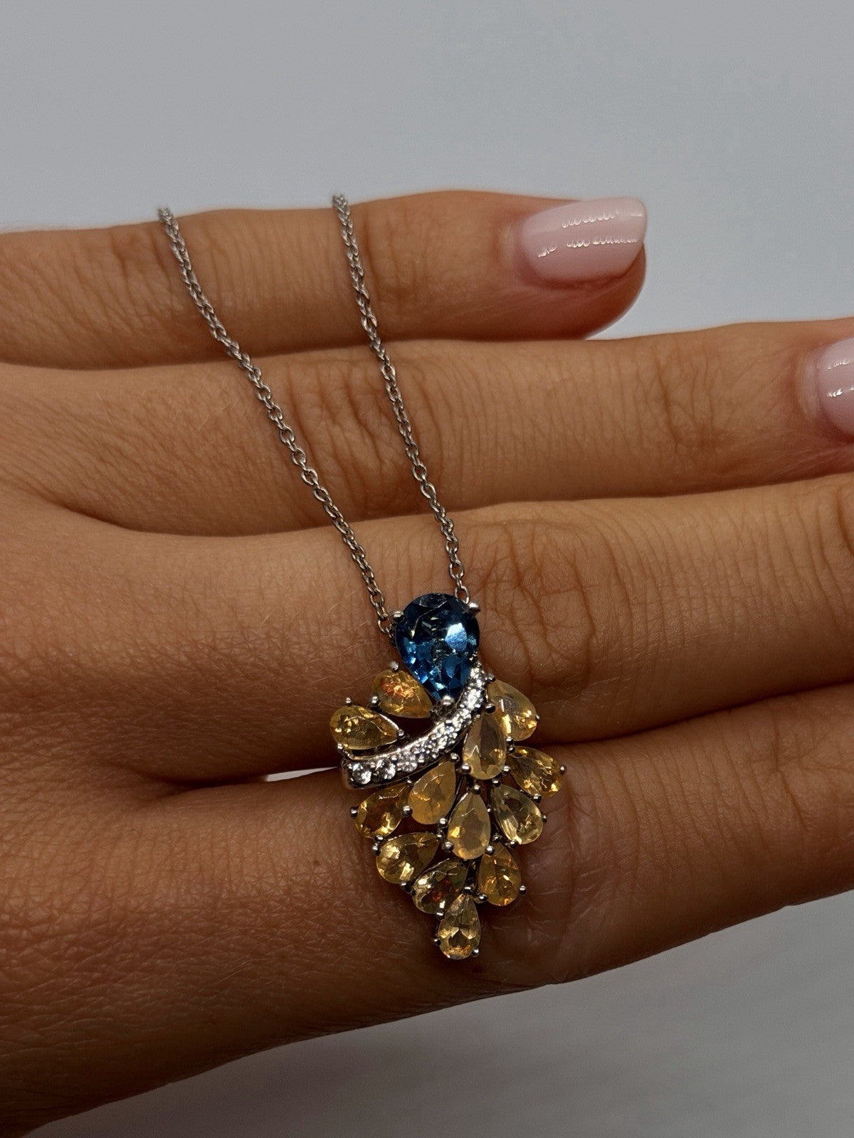 925 Sterling Silver Fire Opal & Blue Topaz & Beryl Necklace