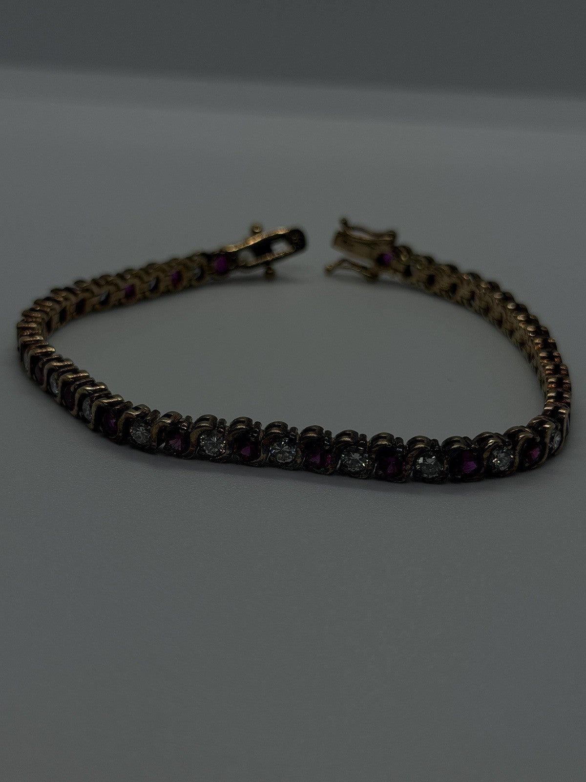 925 Sterling Silver Gold Plated Pink & White Topaz Bracelet Size 7.5