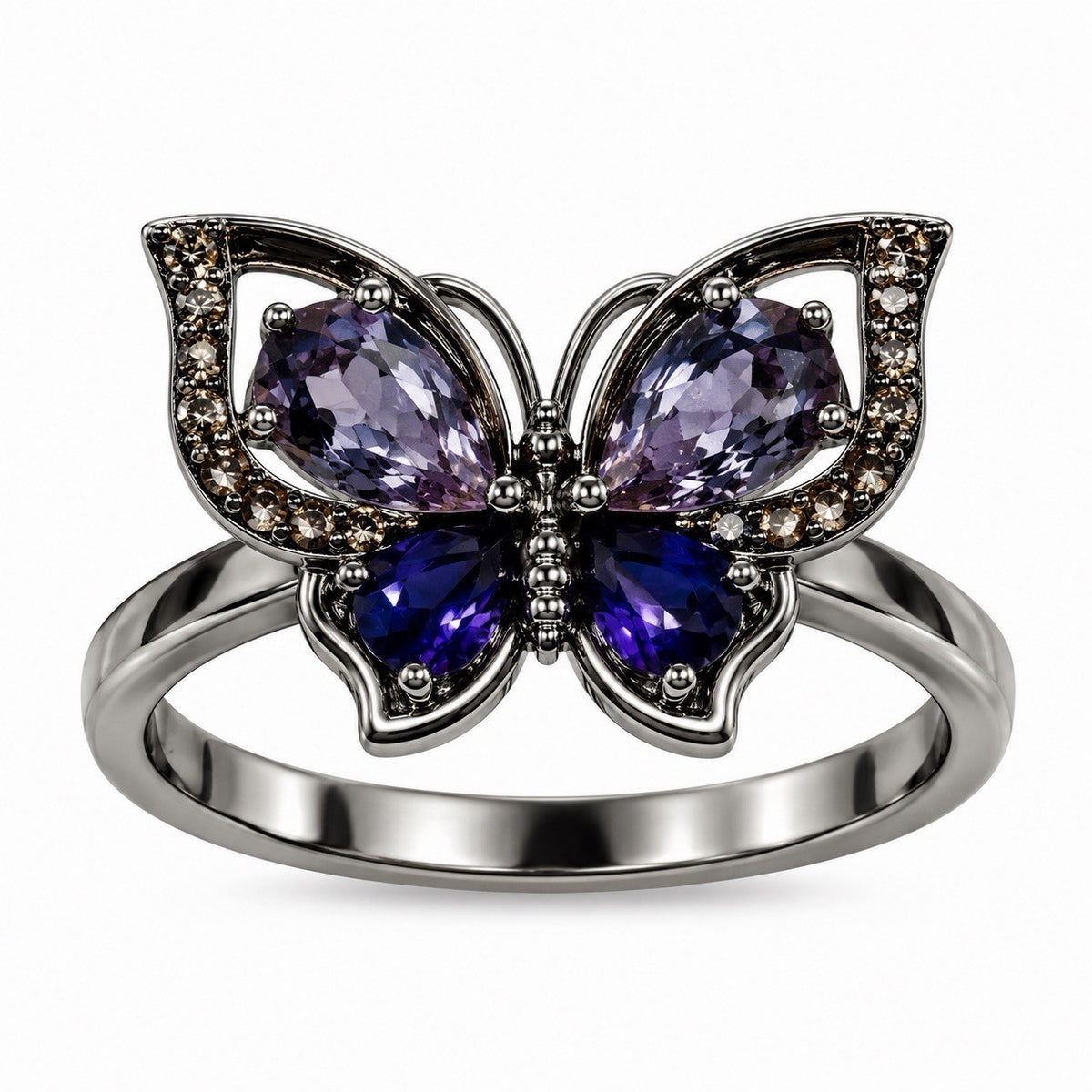 Butterfly 925 Sterling Silver 10K Rose Gold Amethyst  Iolite  Beryl Ring Size 7