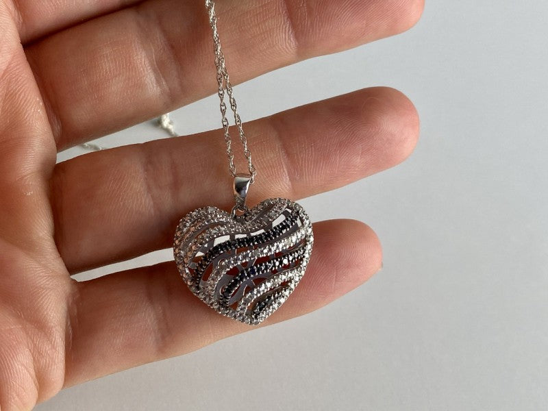 925 Sterling Silver White & Black CZ Heart Chain With Pendant