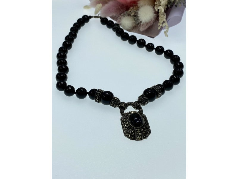 Vintage 925 Sterling Silver Black Jade and Marcasites Necklace