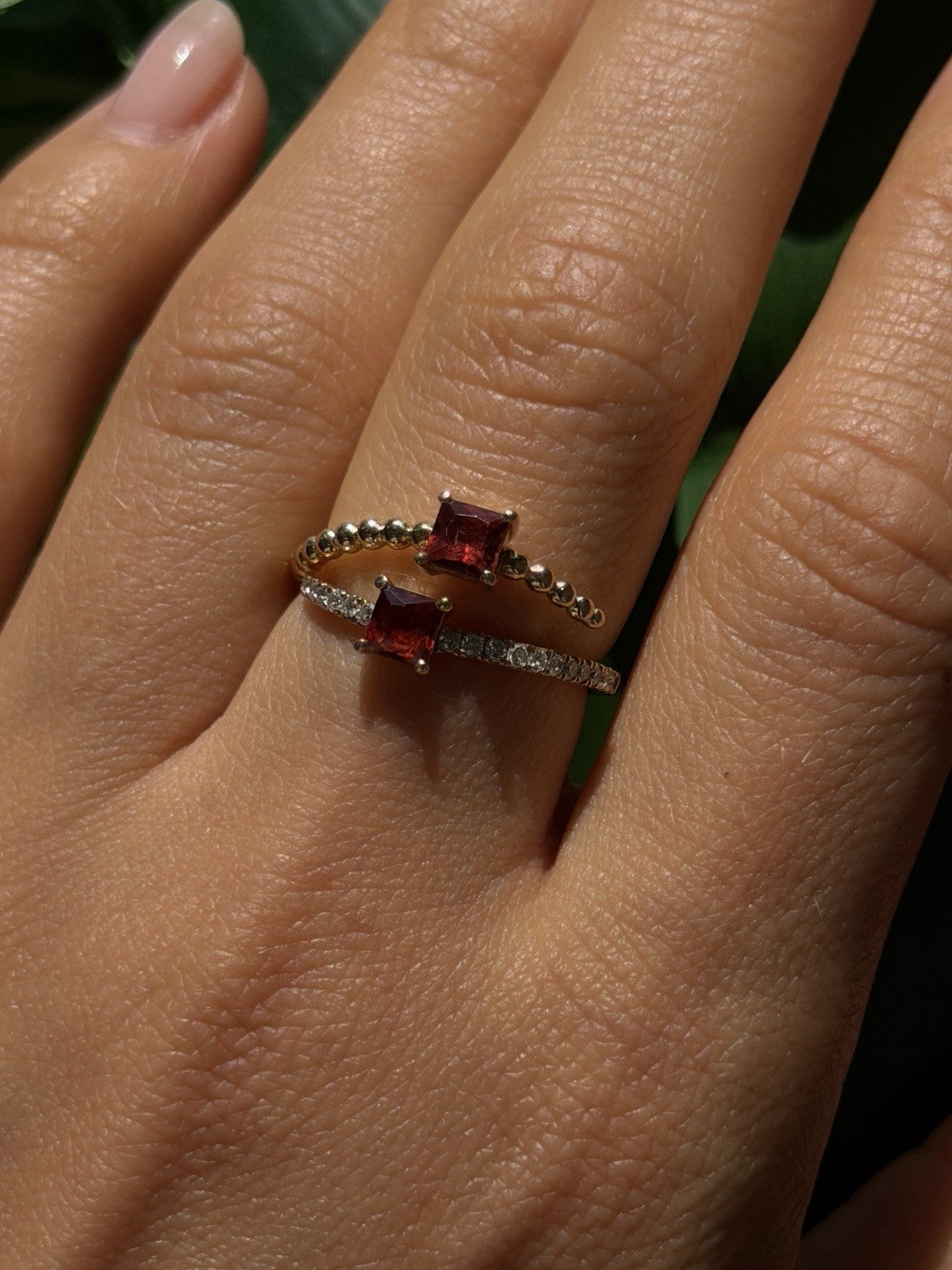 Modern Adjustable 14K Yellow Gold Garnet & Diamond Ring