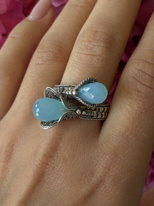 925 Sterling Silver Blue Chalcedony Ring Size 11 Sizable