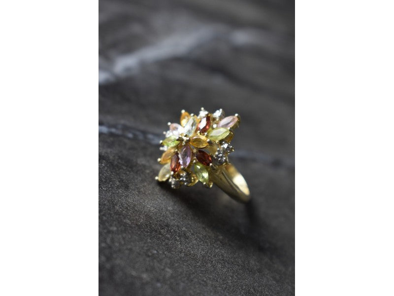 925 Sterling Silver Gold Plated Multi Gemstones Ring Size 6.5