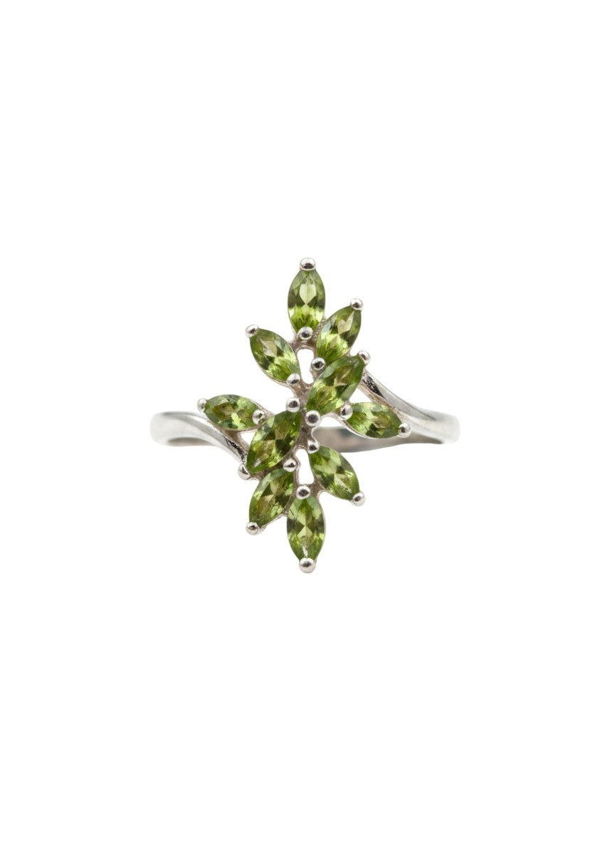 925 Sterling Silver Green Peridot Flower Ring Adjustable
