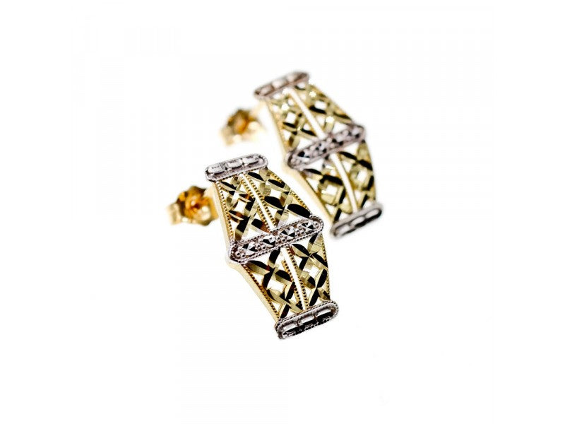 10K Yellow & White Gold "Openwork" Earrings Italy