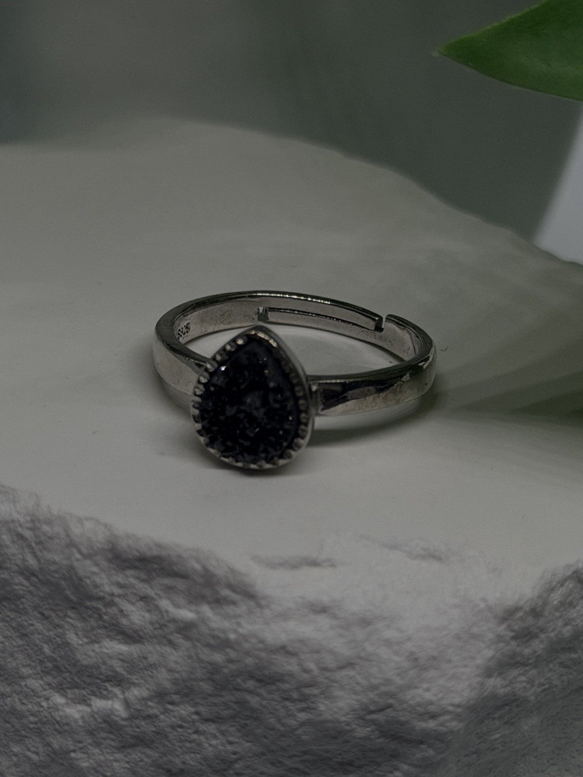 Adjustable 925 Sterling Silver Black Druzy Pear Ring
