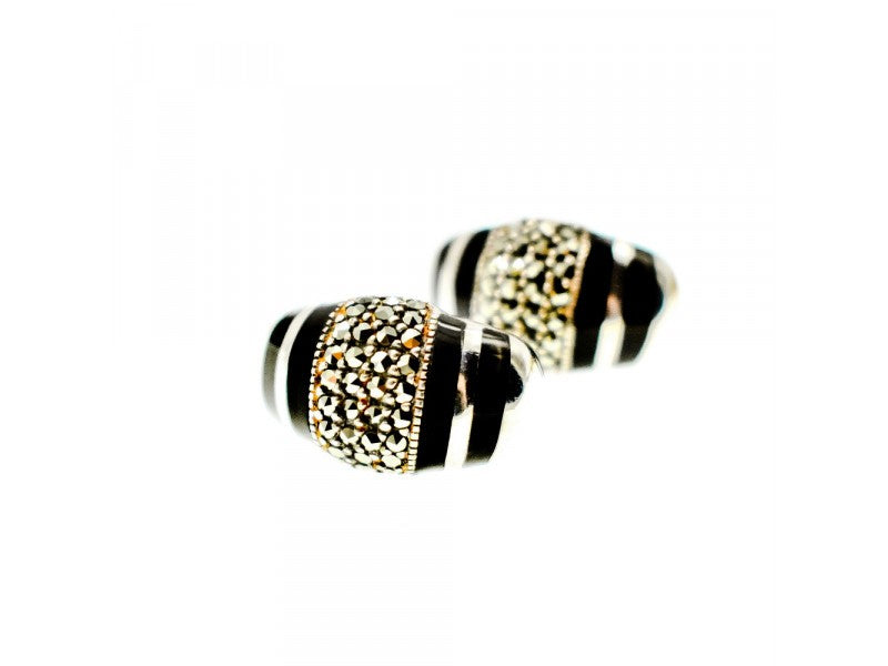 925 Sterling Silver Black Nephrite & Marcasites Earrings