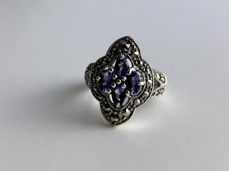 Vintage 925 Sterling Silver Amethyst & Marcasites Ring Size 5.5