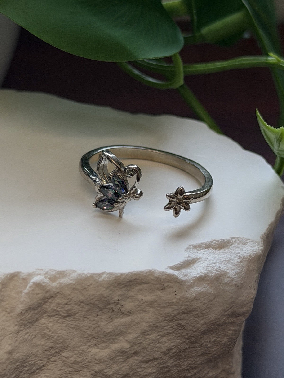 925 Sterling Silver Mystic Topaz Butterfly & Flower Ring Adjustable