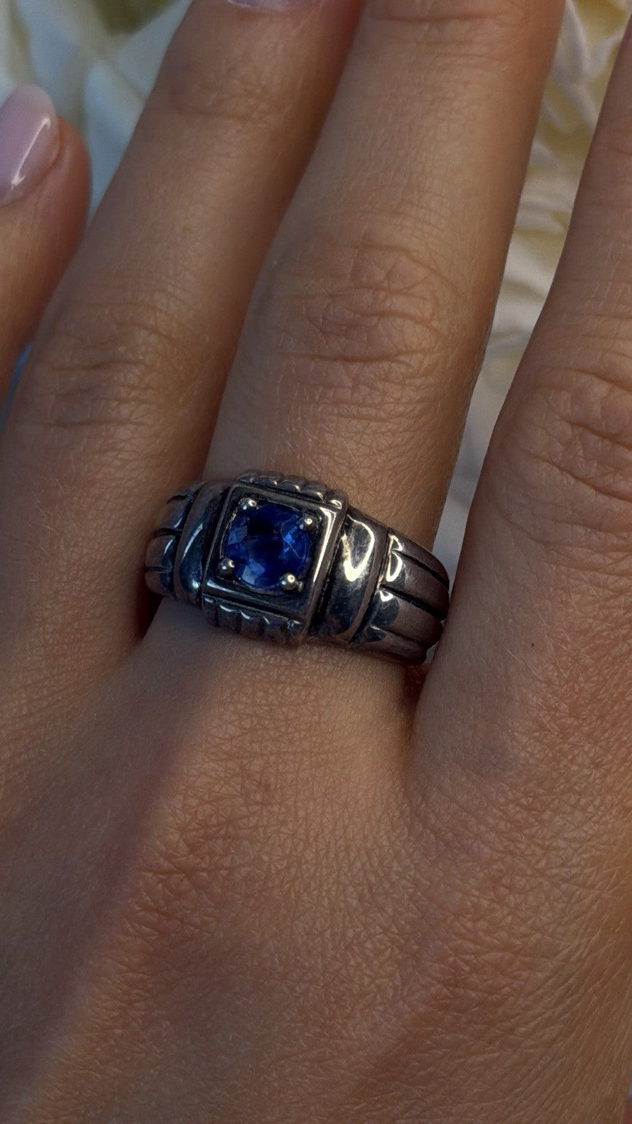 Artisan Modernist Men's 925 Sterling Silver Blue Sapphire Ring Size 10