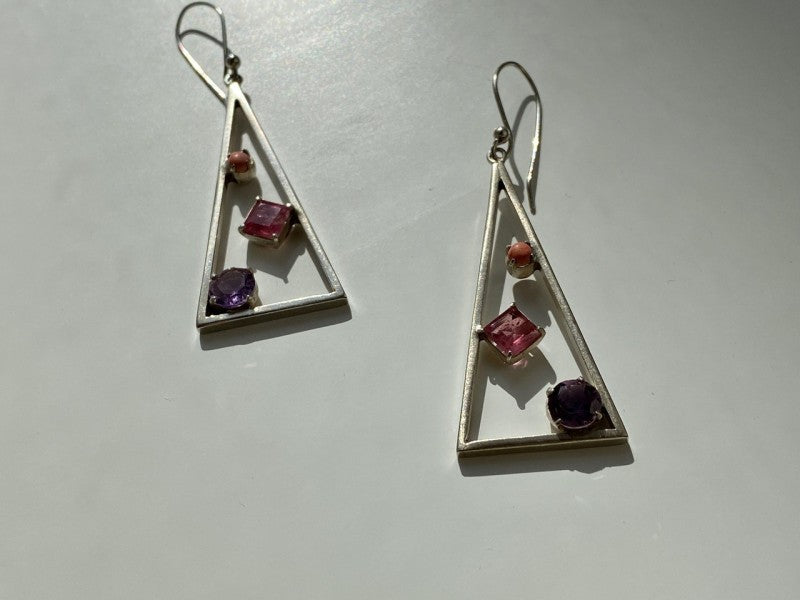 925 Sterling Silver Morganite, Iolite & Agate Earrings
