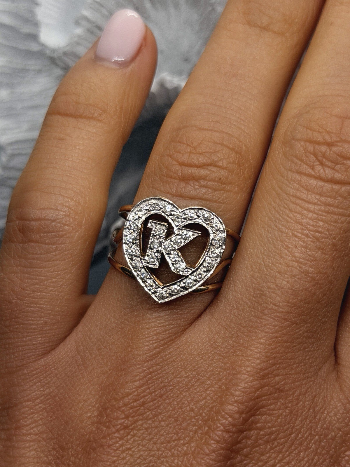 14K Yellow Gold And Diamond Letter ''K'' Heart Ring Size 8.25 Cocktail Estate