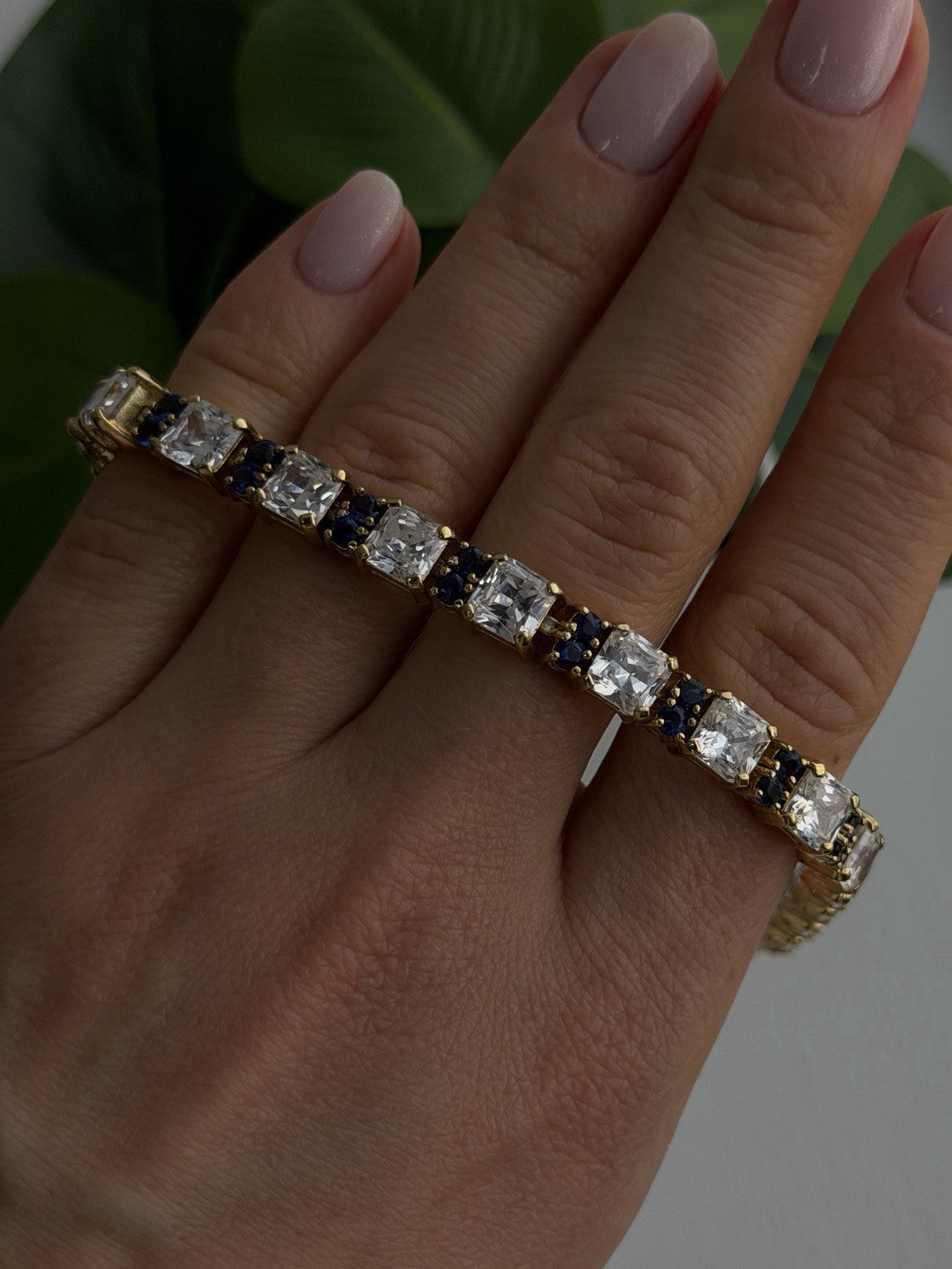 925 Sterling Silver Gold Plated White Colorless & Blue Cz Bracelet 7.5