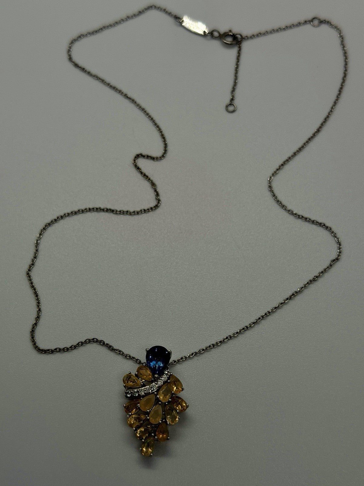925 Sterling Silver Fire Opal & Blue Topaz & Beryl Necklace