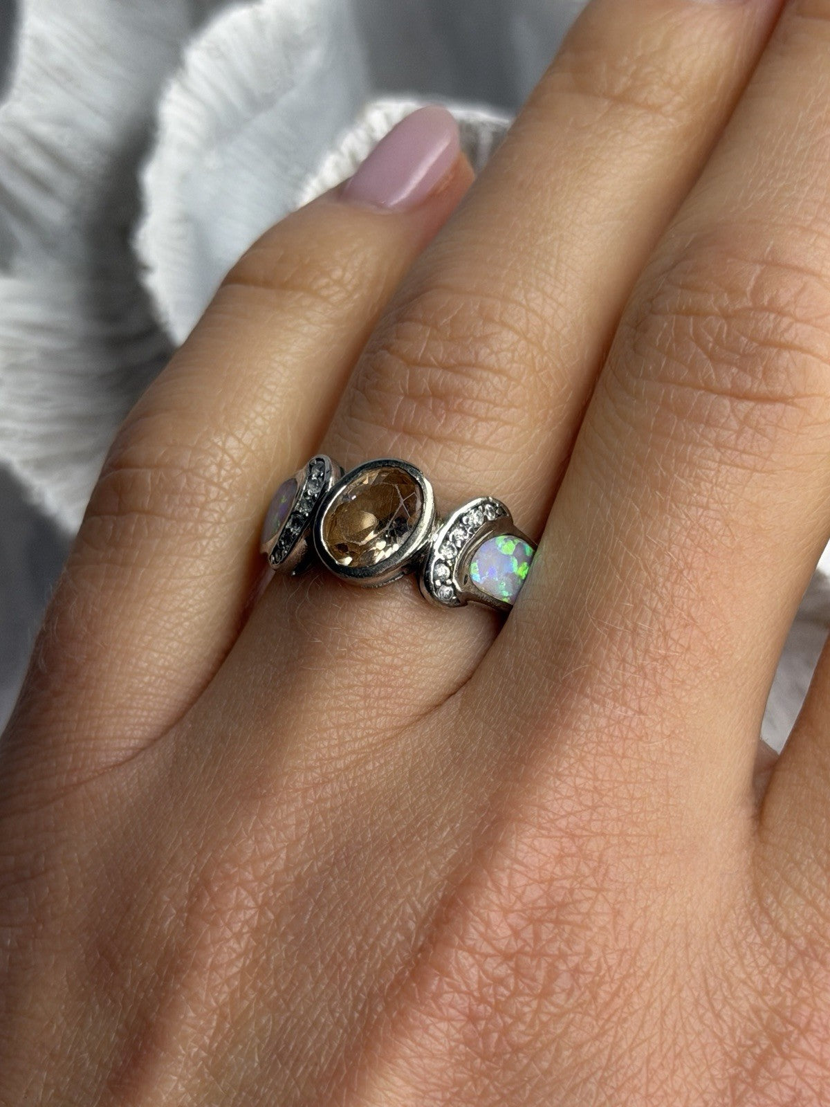 925 Sterling Silver Citrine & Opal & Beryl Ring Size 7