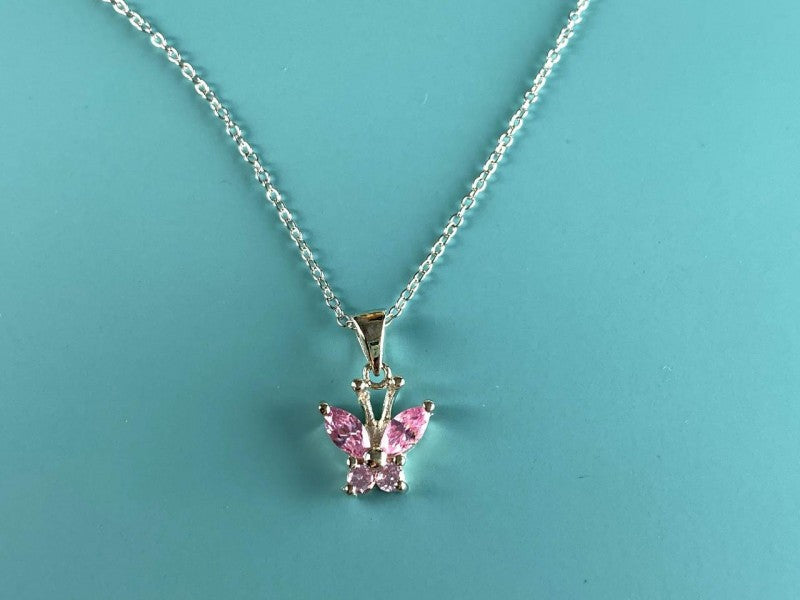 925 Sterling Silver Pink CZ "Butterfly" Chain With Pendant Italy