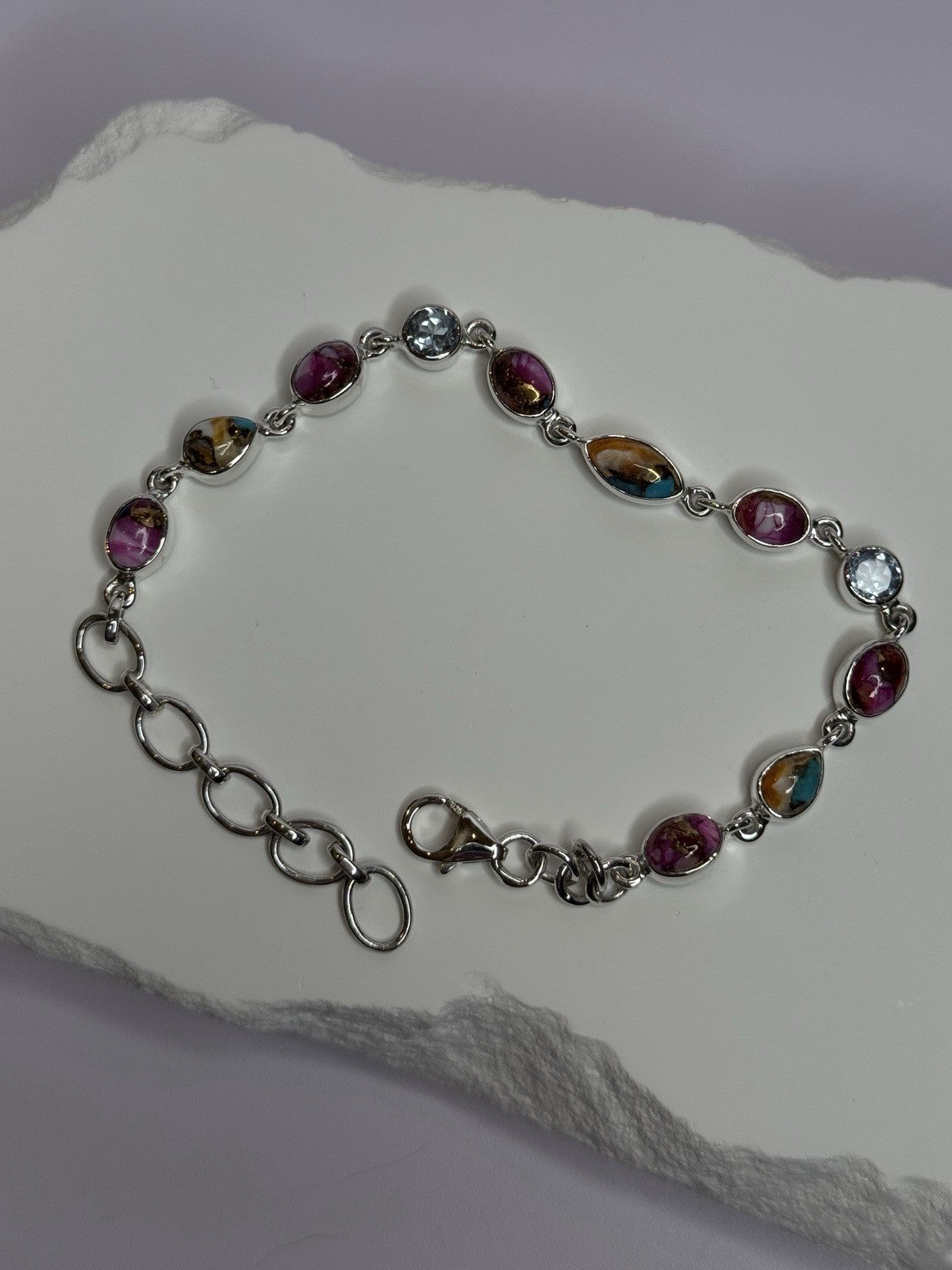 925 Sterling Silver Oyster Turquoise & Topaz Bracelet Length 6-8 Inch