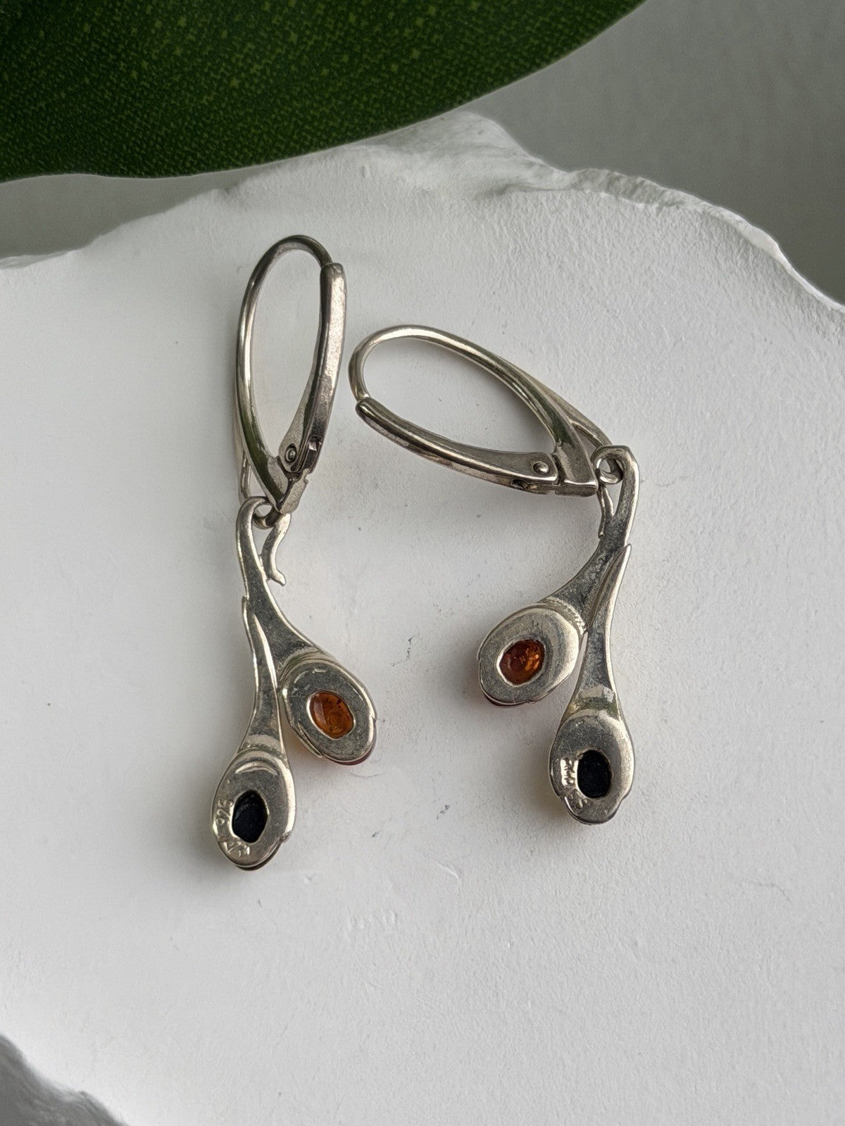 925 Sterling Silver Green & Orange Amber Earrings