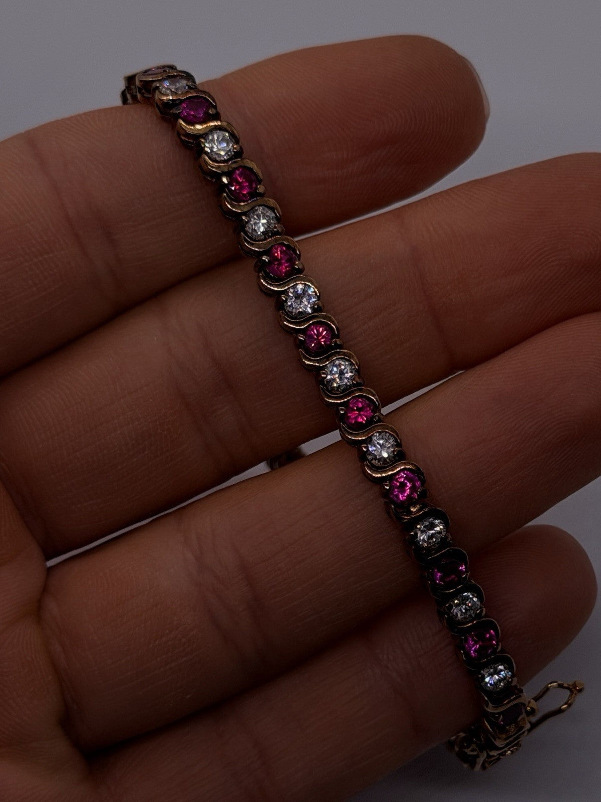 925 Sterling Silver Gold Plated Pink & White Topaz Bracelet Size 7.5