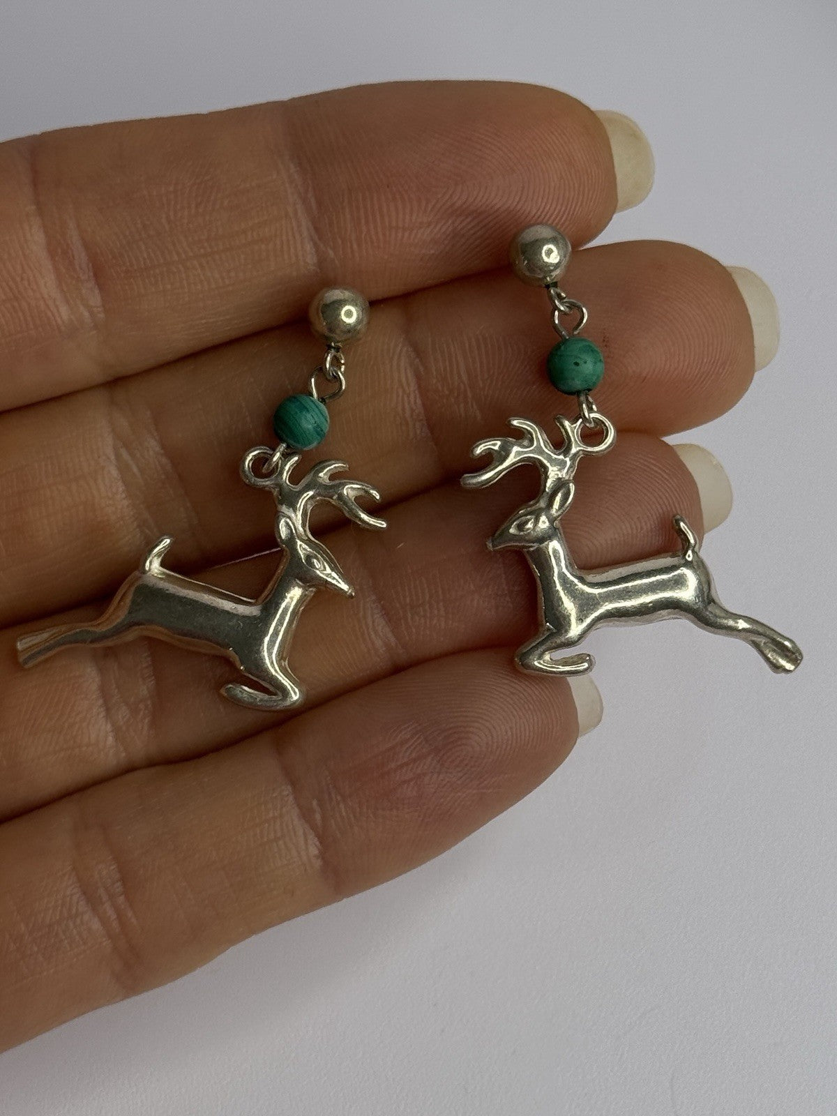 925 Sterling Silver Malachite Deer Earrings Length 1.40 Inch