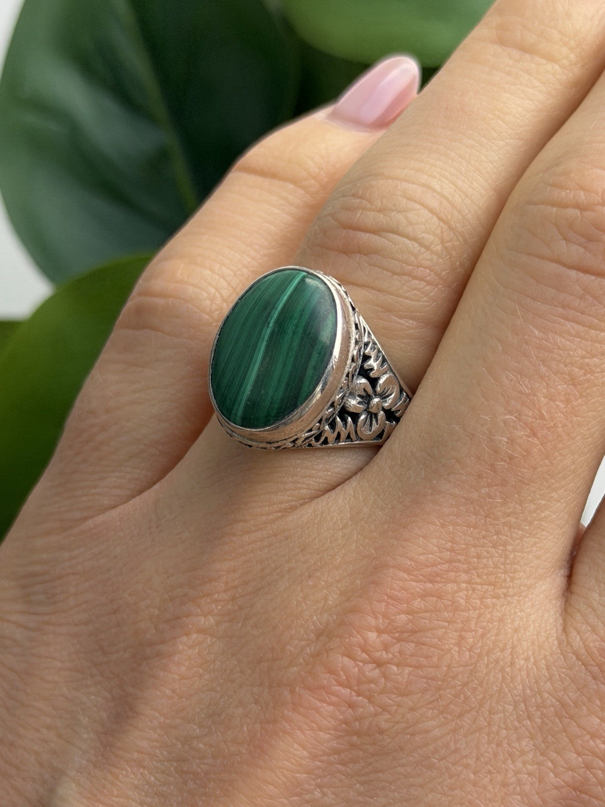 Vintage 925 Sterling Silver Malachite Ring Size 7