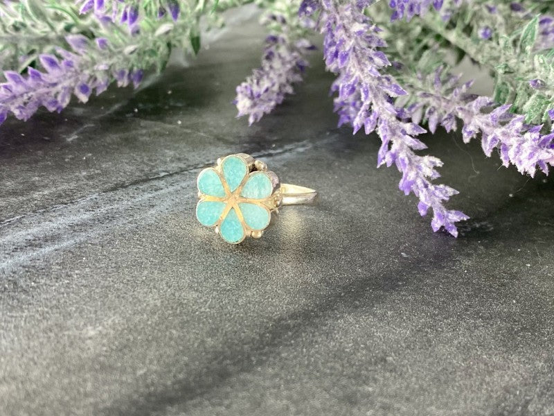925 Sterling Silver Nephrite (Jade) Inserts "Flower" Ring Size 7.5
