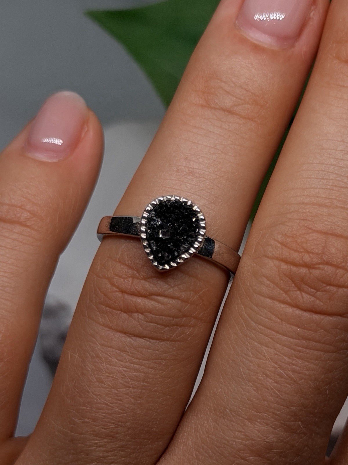 Adjustable 925 Sterling Silver Black Druzy Pear Ring