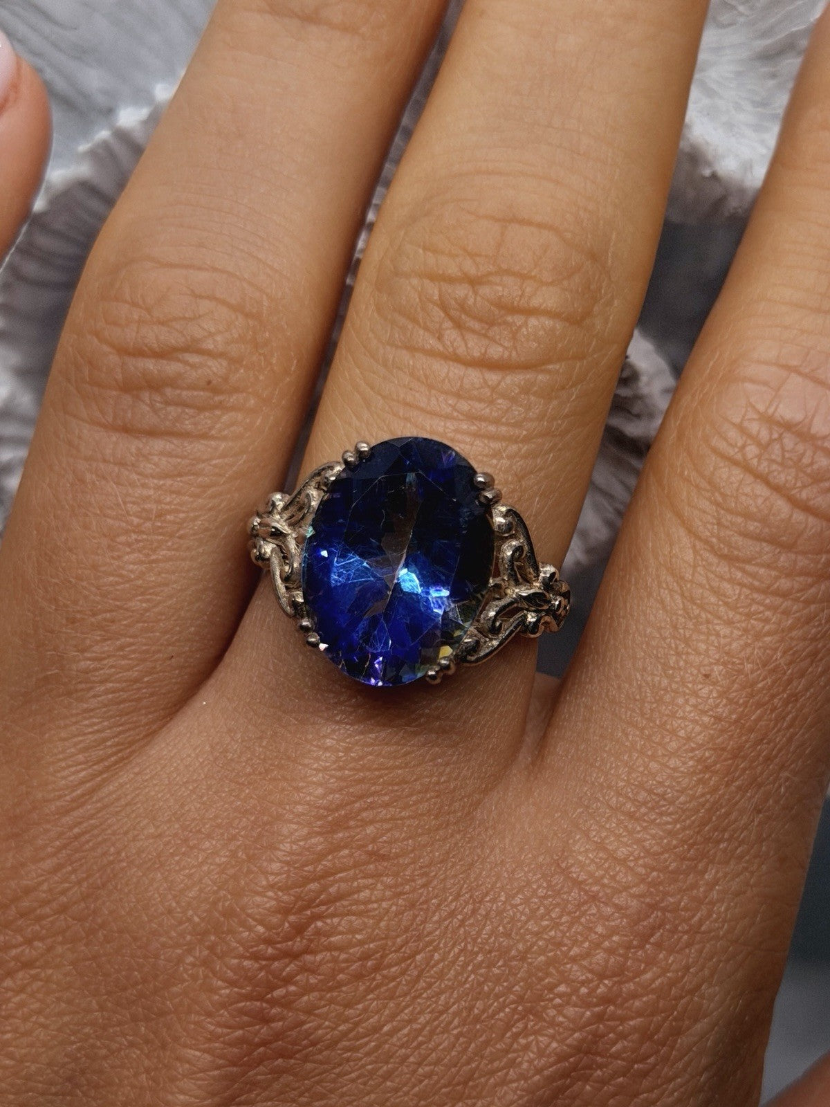 925 Sterling Silver Mystic Topaz Oval Floral Ring Size 8