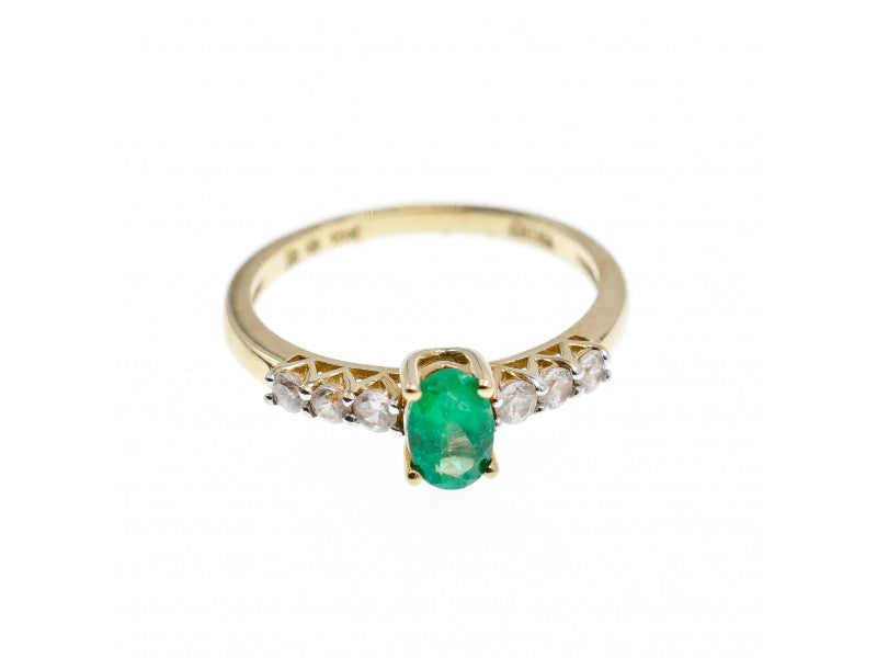 10K Yellow Gold Emerald & Colorless Spinel Ring Size 6.25