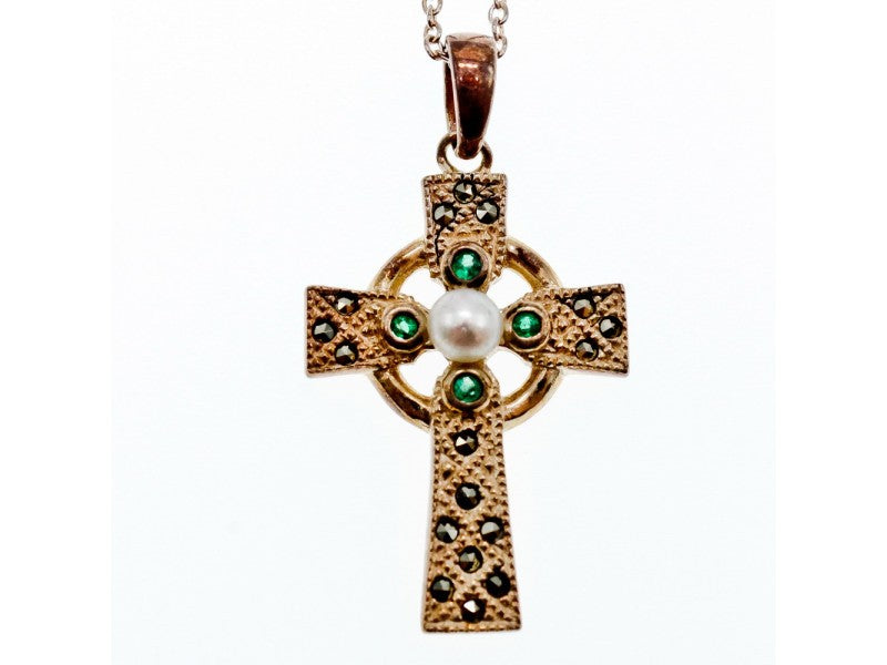 925 Sterling Silver Pearl, Emerald & Marcasites Chain with Cross