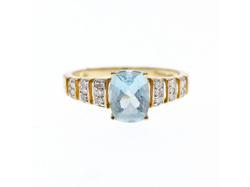 10K Yellow Gold Aquamarine & Diamonds Ring Size 7