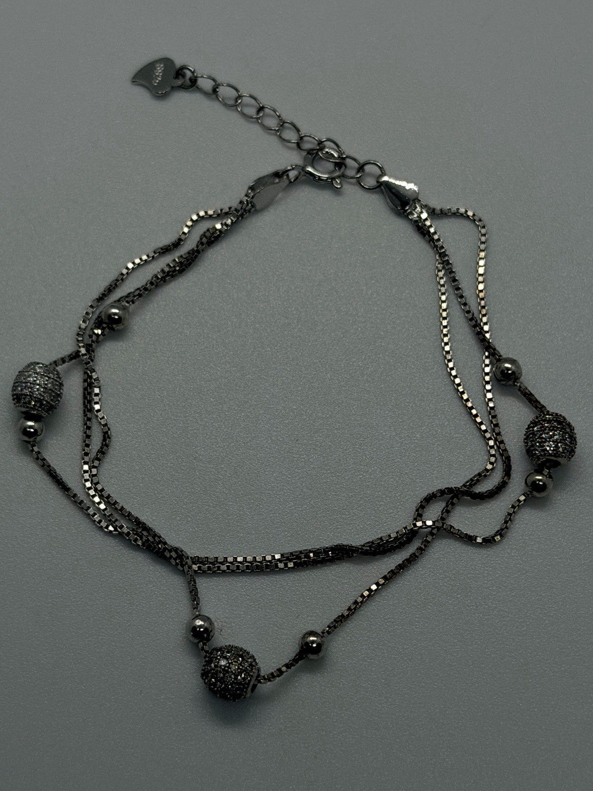 925 Sterling Silver Multi-Strand Box Chain Pave Cz Beads Bracelet Size 6.5/8
