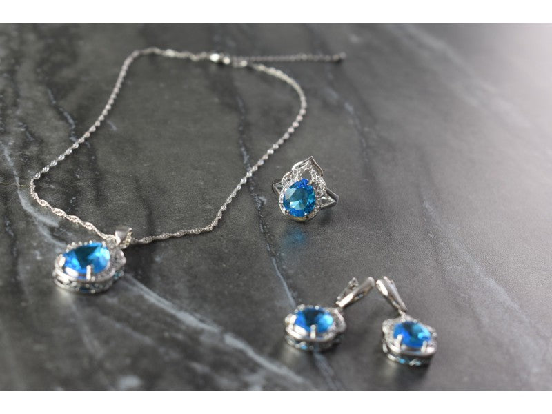 925 Sterling Silver Blue CZ ( Imitation Topaz ) SET