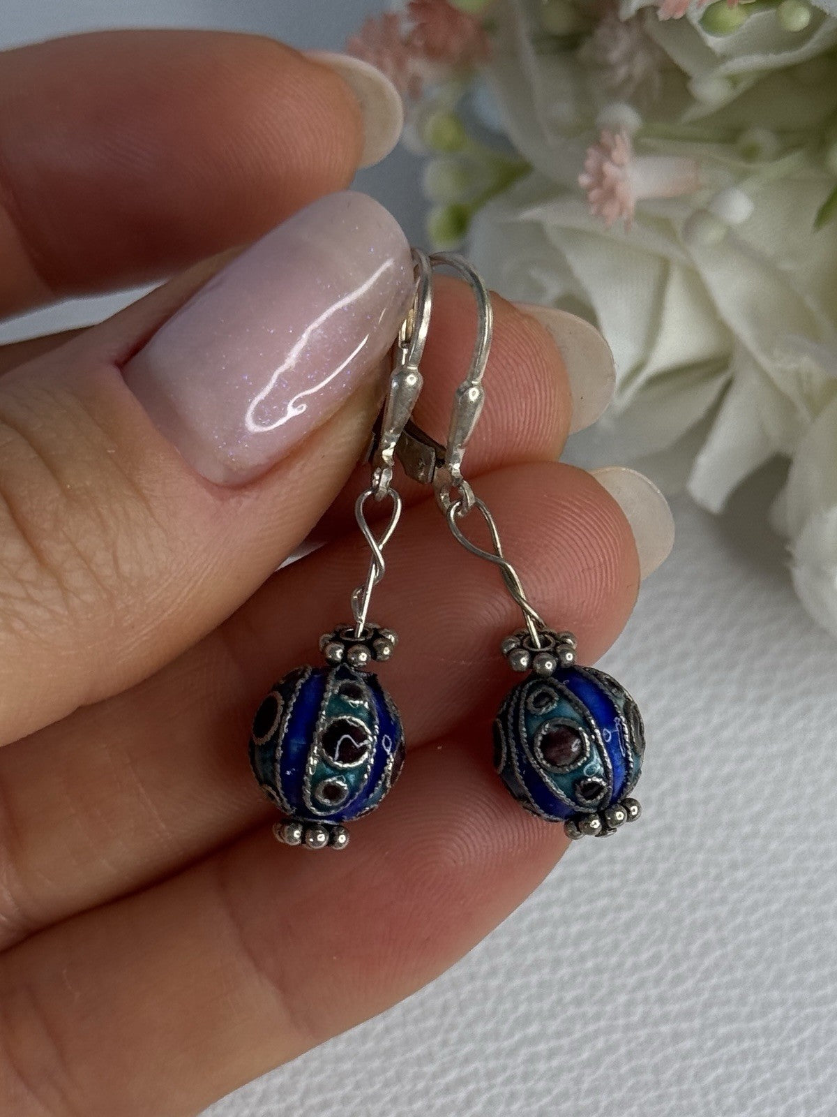 Antique Art Deco 925 Sterling Silver Unique Enamel Earrings Length 1.50 Inch