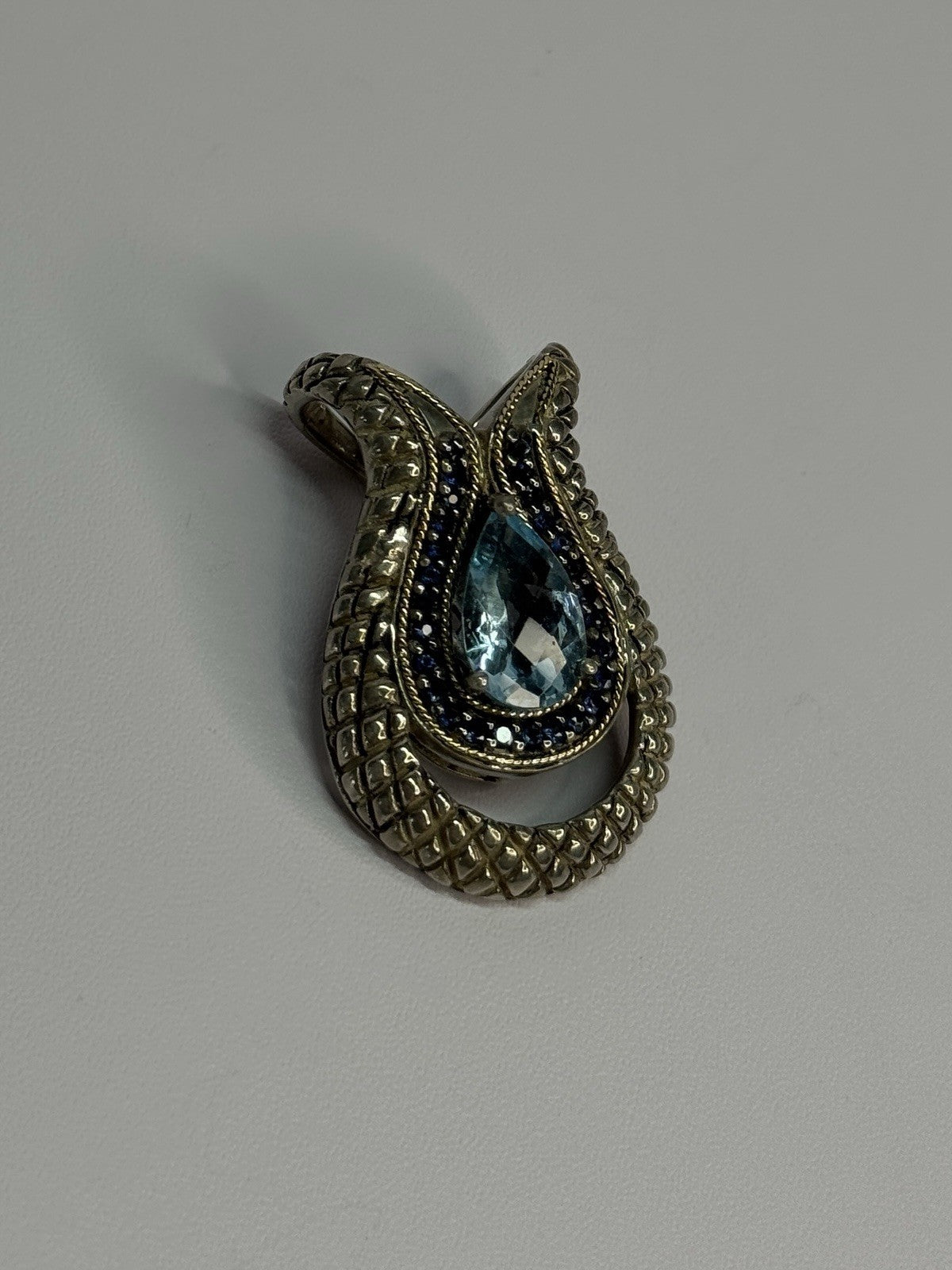 925 Sterling Silver 18k Yellow Gold Topaz & Sapphire Pendant Length 1.3 Inch