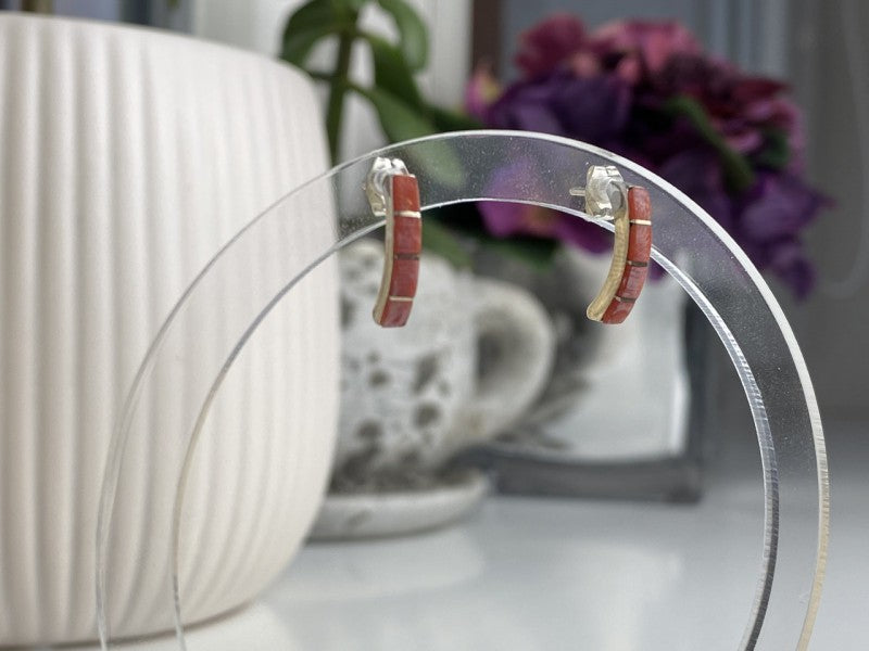 925 Sterling Silver Red Mother Of Pearl Stud Earrings