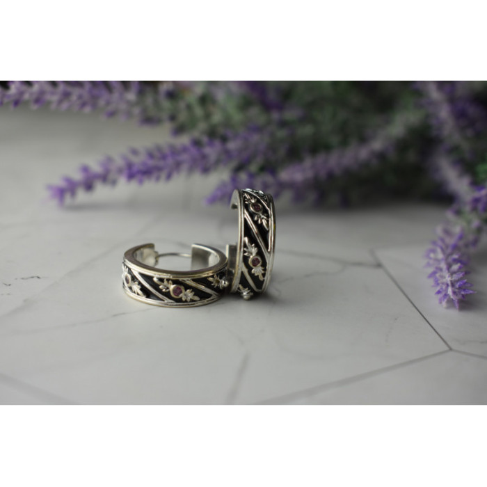 925 Sterling Silver Pink Spinel & Black Enamel Earrings