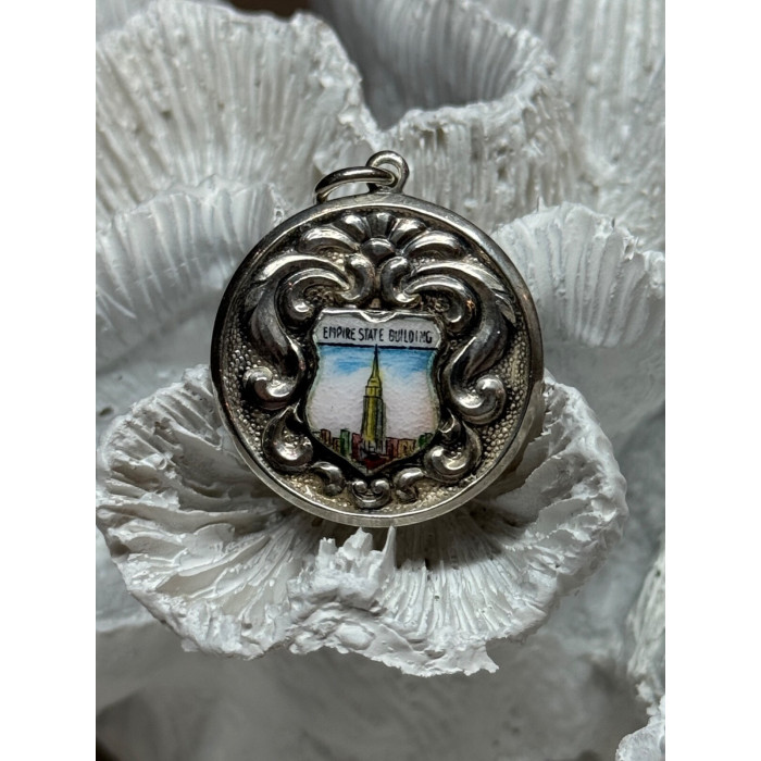 925 Sterling Silver Empire State Building Enamel Pendant Lenth 1.4 Inch