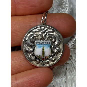925 Sterling Silver Empire State Building Enamel Pendant Lenth 1.4 Inch