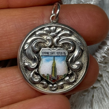 925 Sterling Silver Empire State Building Enamel Pendant Lenth 1.4 Inch