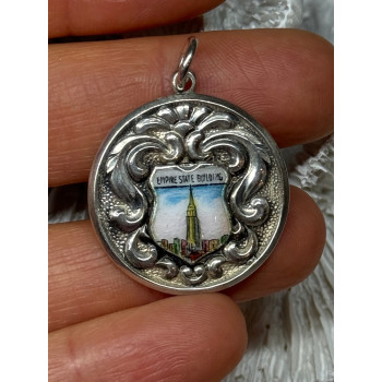 925 Sterling Silver Empire State Building Enamel Pendant Lenth 1.4 Inch