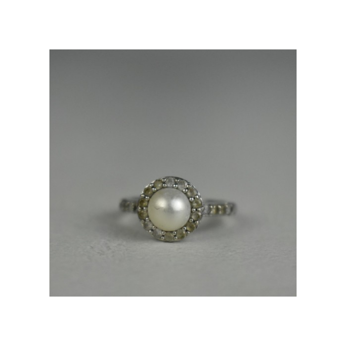 925 STERLING SILVER PEARL & COLORLESS SPINEL RING SIZE 7