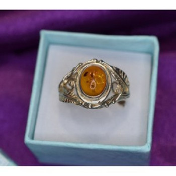 925 Sterling Silver Amber Ring Size 8.5