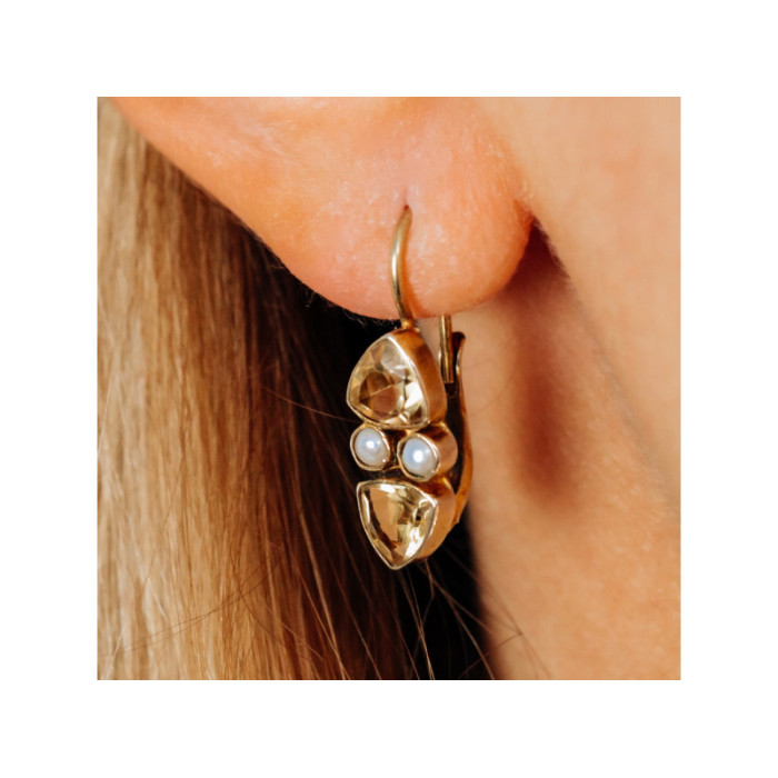 925 STERLING SILVER GOLD PLATED HELIODOR & PEARLS EARRINGS