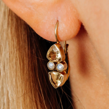925 Sterling Silver Gold Plated Heliodor & Pearls Earrings