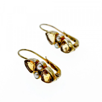 925 Sterling Silver Gold Plated Heliodor & Pearls Earrings